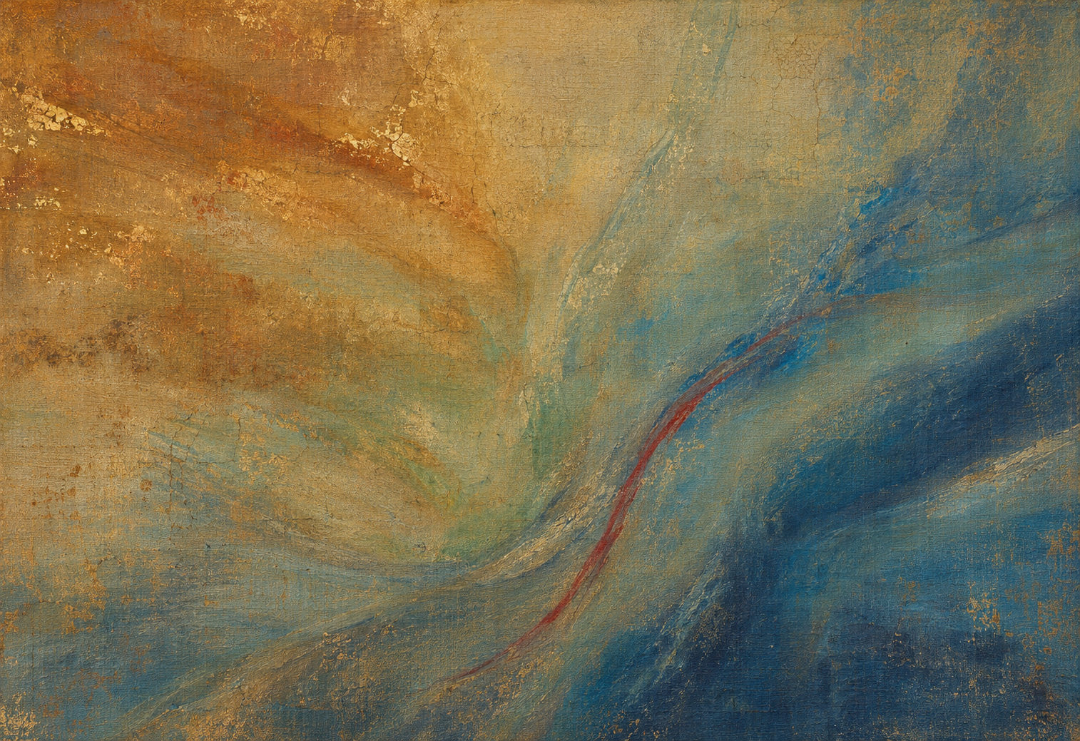 Abstract schilderij met wervelende oker en blauwe tinten en een rode lijn die diagonaal door het midden loopt