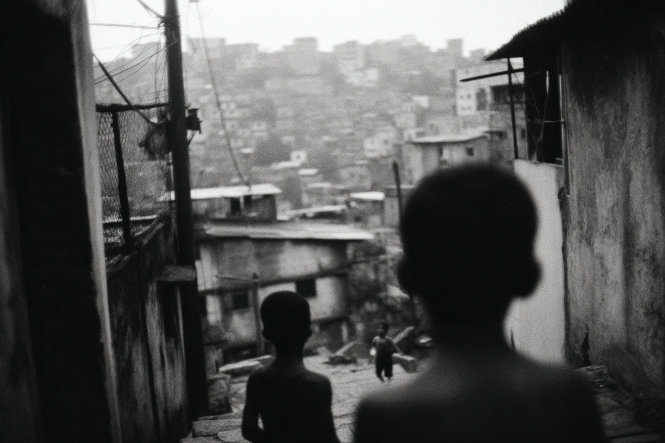 Twee kinderen in silhouet kijken vanuit een smalle steeg uit over een uitgestrekte favela op een heuvelhelling