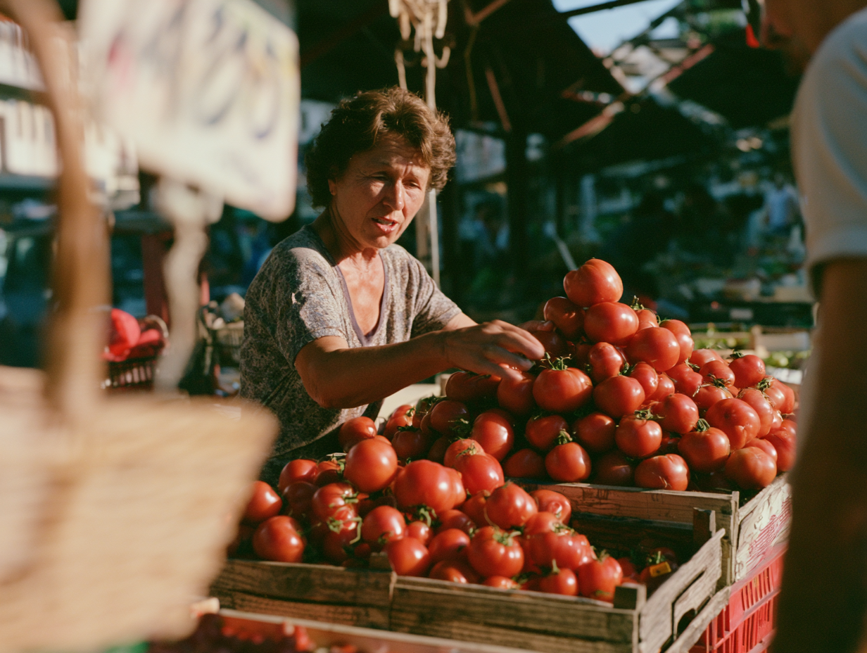 Vrouw achter een marktkraam schikt een stapel rijpe rode tomaten in houten kisten in warm ochtendlicht