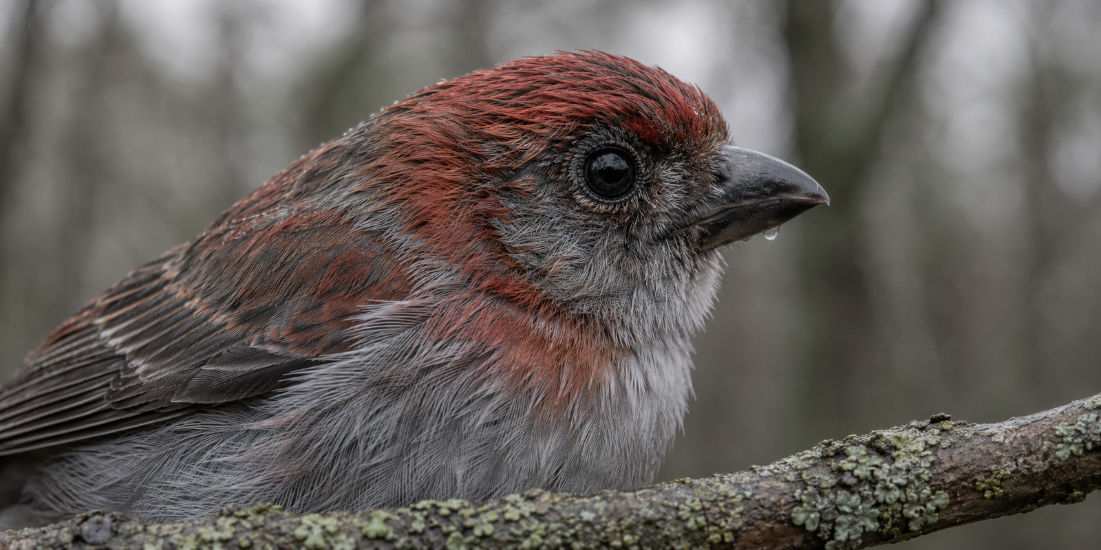 Close-up van een vogel met rood-grijze verenkleed op een met korstmos begroeide tak tegen een wazige boomachtergrond
