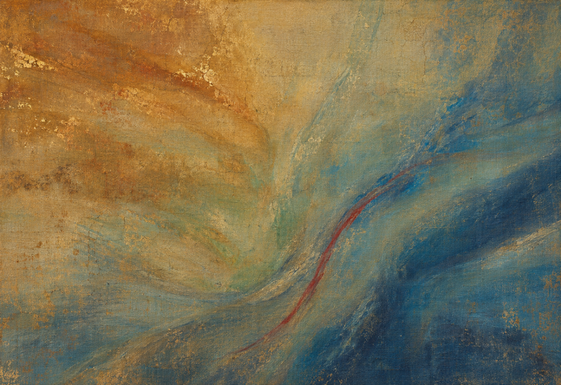 Abstract schilderij met wervelende oker en blauwe tinten en een rode lijn die diagonaal door het midden loopt