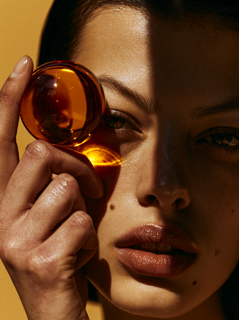 Close-up van een vrouw die een amberkleurige glazen bol voor haar oog houdt, met warm licht en scherpe schaduwen op haar gezicht