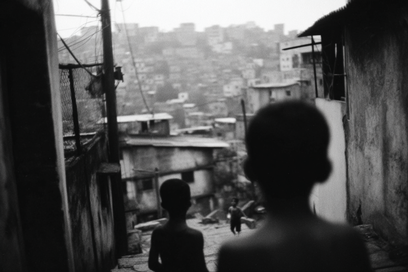 Twee kinderen in silhouet kijken vanuit een smalle steeg uit over een uitgestrekte favela op een heuvelhelling