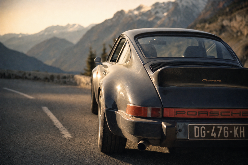 Achterkant van een klassieke donkere Porsche 911 Carrera geparkeerd langs een bergweg bij zonsondergang met besneeuwde toppen op de achtergrond