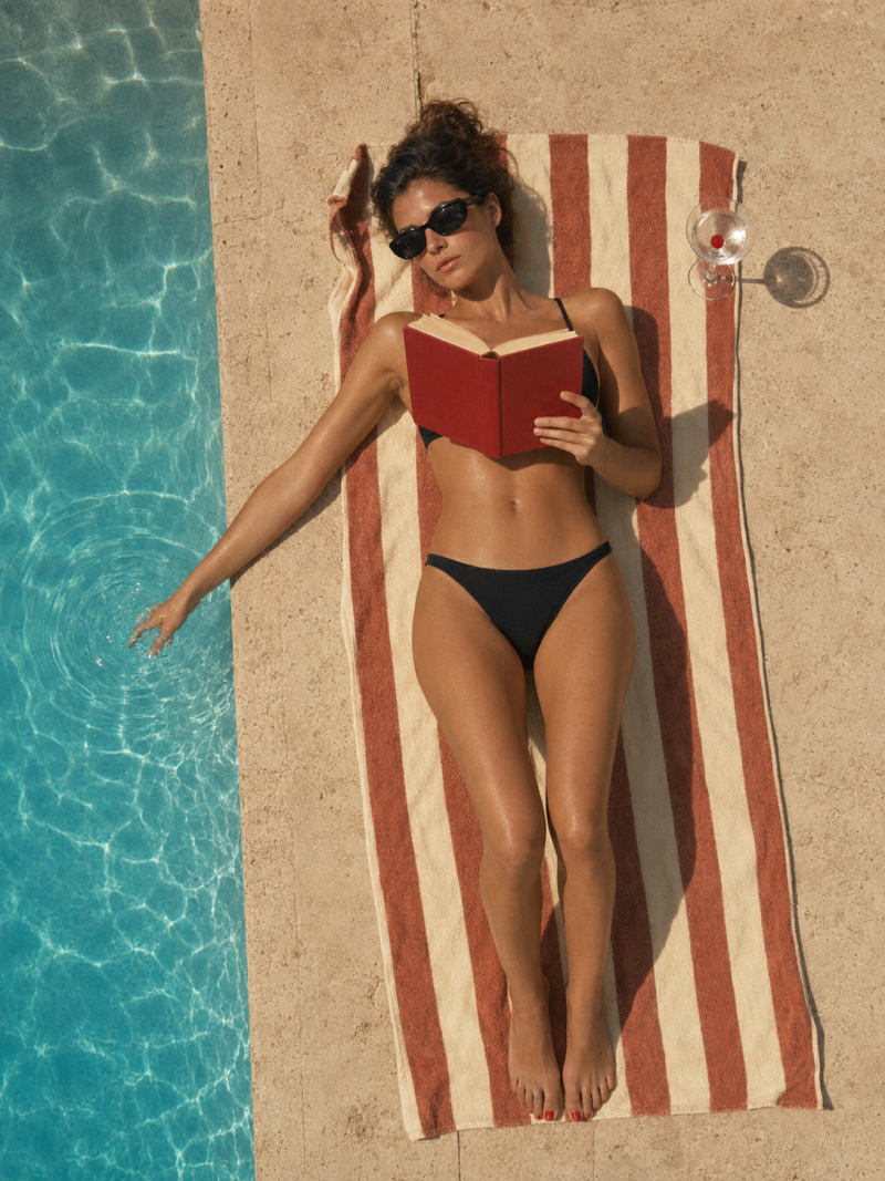 Vrouw in zwarte bikini ligt op een gestreepte handdoek bij een zwembad en leest een boek terwijl ze haar hand in het water laat hangen