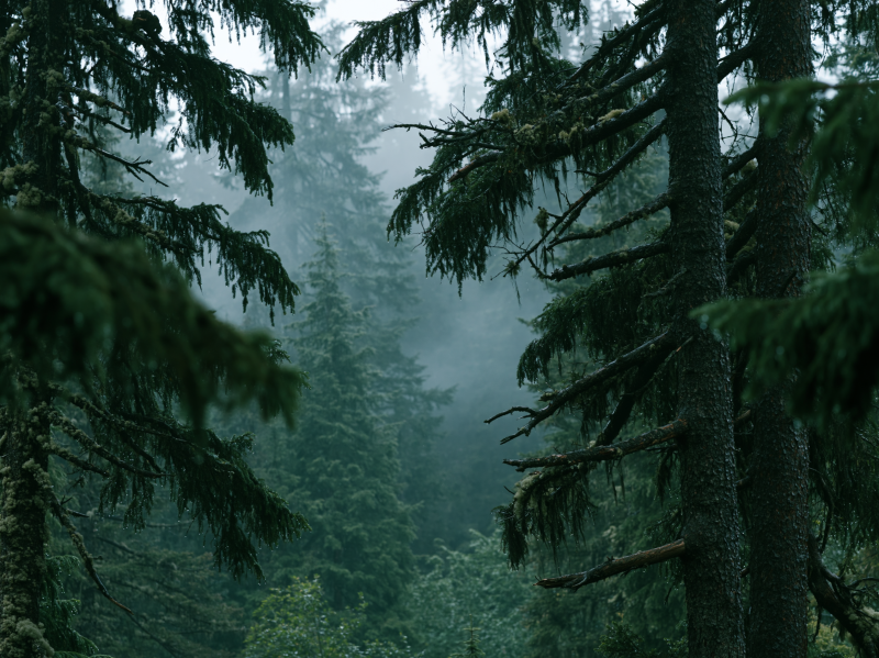 Dicht naaldbos met dennenbomen gehuld in mist onder een gedempt schemerlicht
