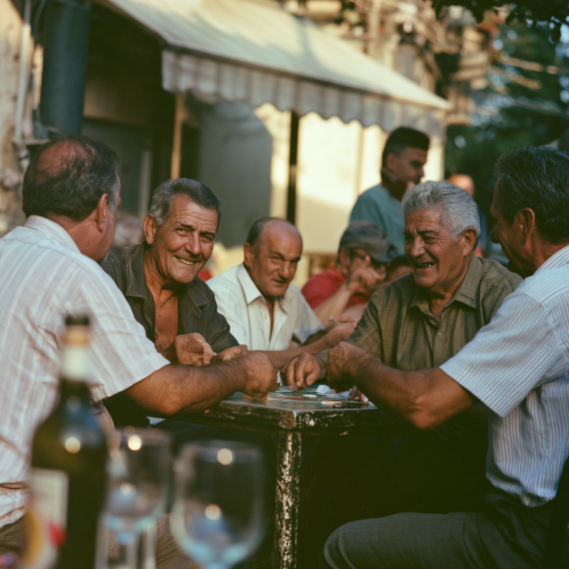 Groep oudere mannen zit lachend rond een tafeltje op een zonnig terras met bierflesjes en glazen